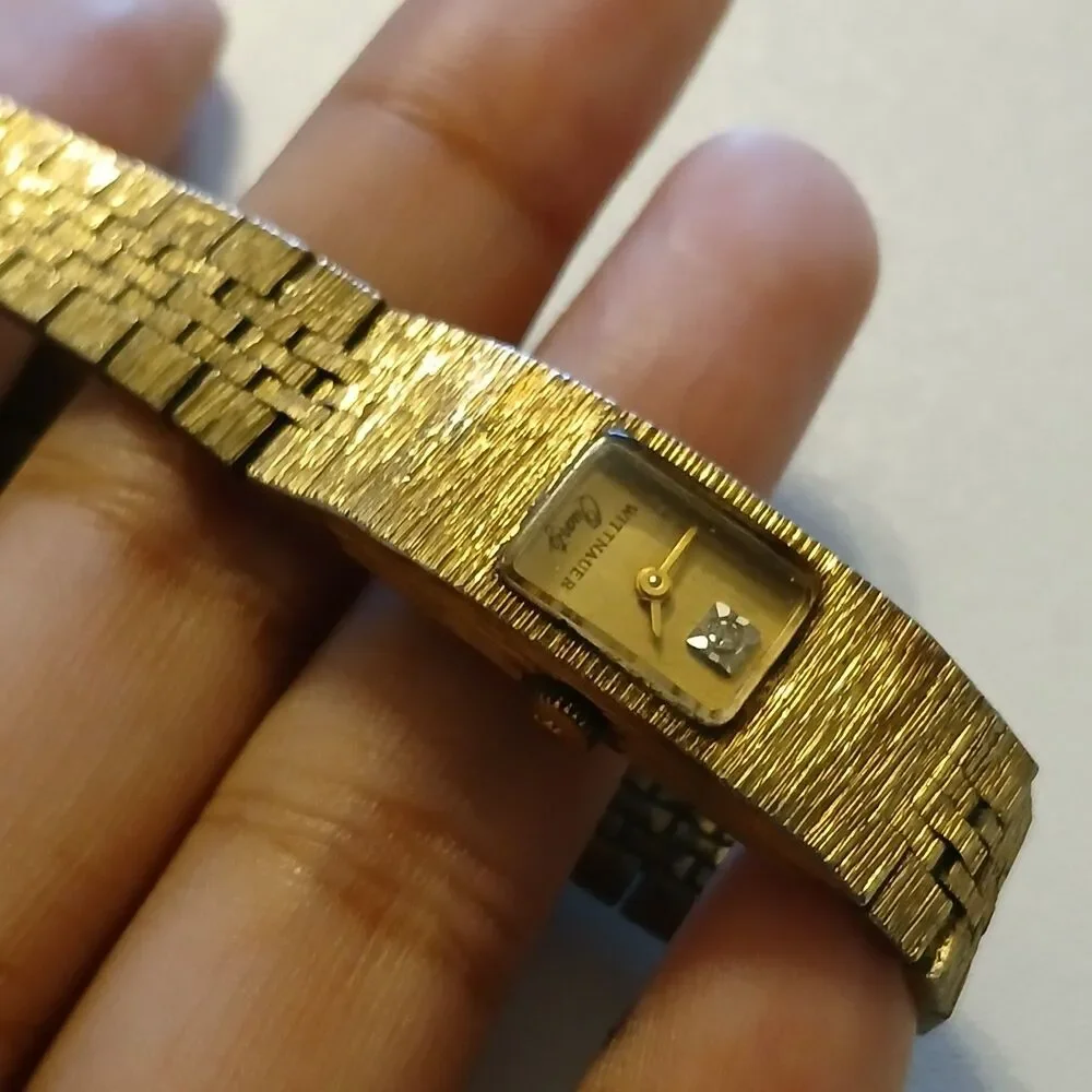 Parts/Repair VTG 80s Wittnauer Quartz Gold Tone Diamond Accent Bark Texture